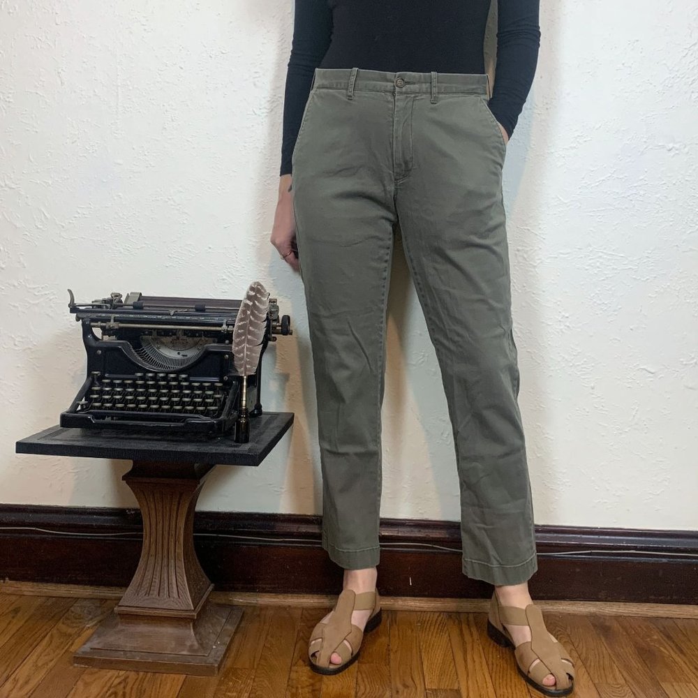 J.Crew green khaki mid rise straight leg trousers flex sutton size 32x30
